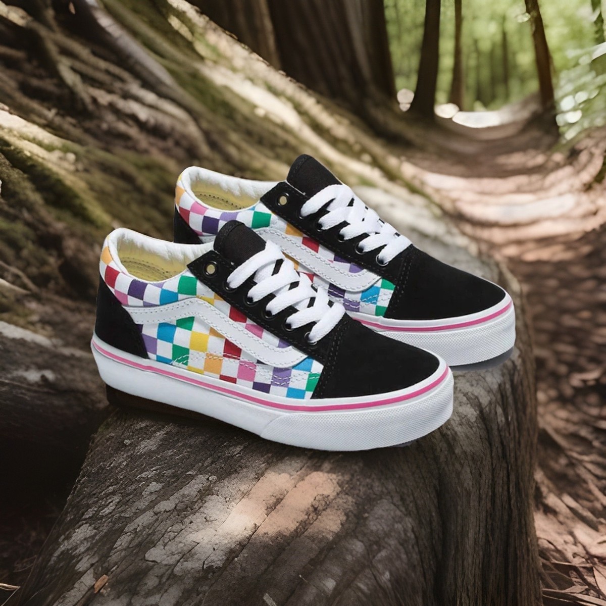 VANS Kids OLD SKOOL CHECKERBOARD SIZE 10.5 UY Rainbow/Black  display picture 1