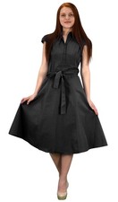 Pure Cotton Button Up Vintage Tea Party Swing Dress Fabric Belt Black Small