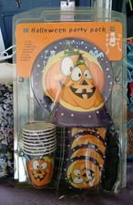 Vtg TESCO Halloween Pumpkin Party Cups, Plates, Invites, Lootbags Pack For 8