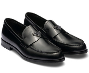 Prada Black Brushed Leather Triangle Logo Classic Loafer SlipOn Flat UK 12 US 13 Prada Prada Triangle Patch Slip On Brushed Leather Loafers  main image 4