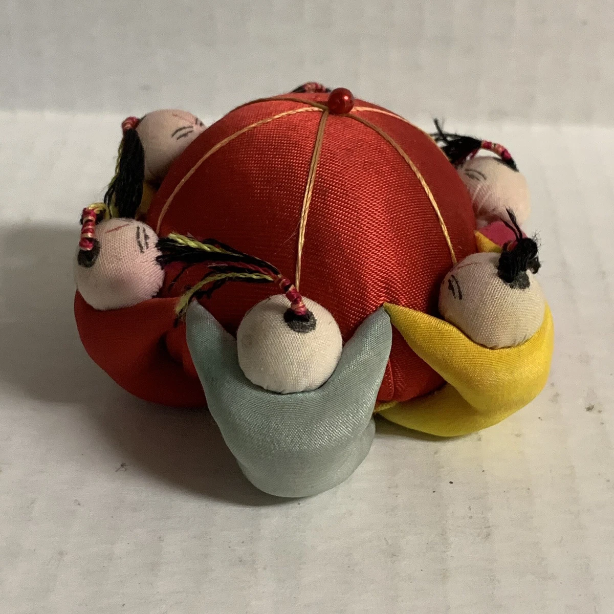 Vintage Red Satin Sewing Pincushion Pin Cushion 6 Boy Needle Chinese  Japanese