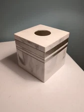 White & Gray Marbled Resin w Silver Stripes Tissue Napkin Holder Box Cover 6" sq