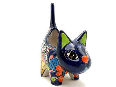 Talavera Cat Planter Pot Cute Mexican Pottery Home Decor Folk Art Height 10