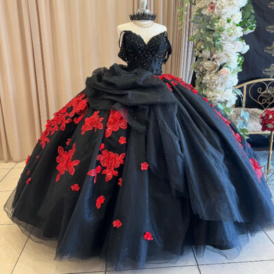 sweet 16 dresses red and black Red Tulle Ball Gown Prom Dress With Appliques, Sweet 16 Dress, Quincea –  Simidress