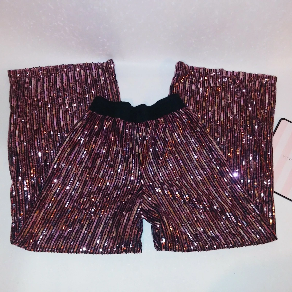 Victoria Secret Pajama Pants XS Rose Gold Black Sequin Bling Wide