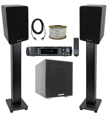 Rockville Bluetooth Receiver+(2) 5.25'' Bookshelf Speakers+Stands+10'' Subwoofer