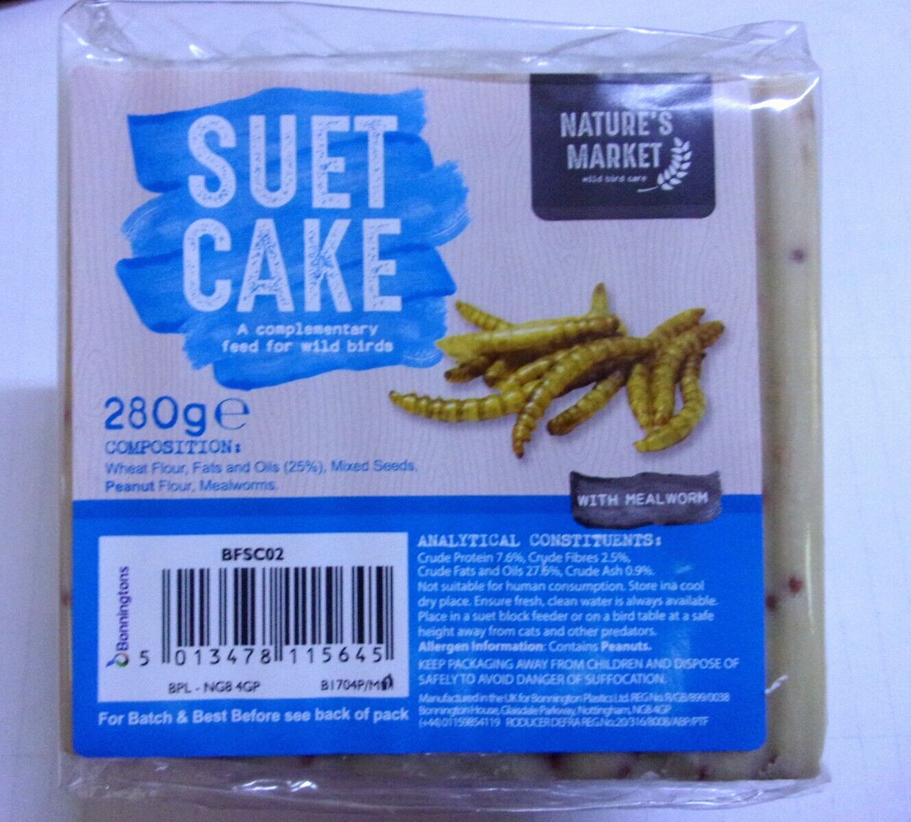 Wild Bird Feed Feeder Food Suet Cake Block with Mealworm  - 280g