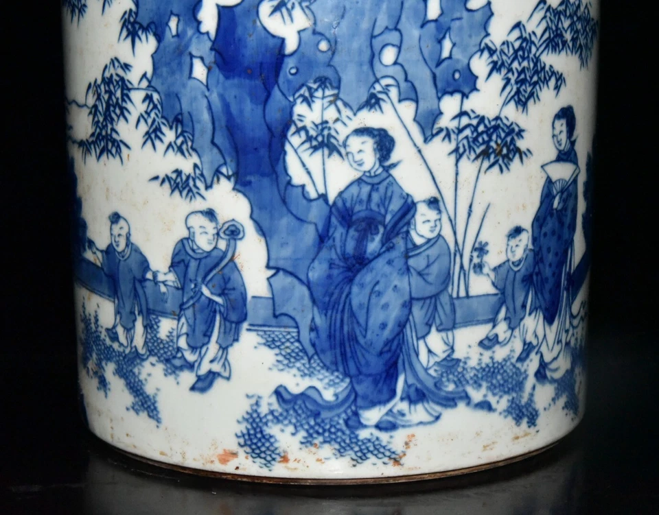 7.4英寸明朝中镇马克蓝色白色瓷器儿童女仆刷盆 — 第 2/4 张图片