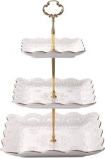 3 Tier Porcelain Cake Stand, Gold Embossed Cupcake Dessert Stand with White Edge