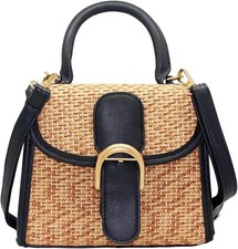 Retro Straw Woven Handbag Womens Small Cross Body Bag Shoulder Black - Small
