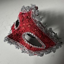 Lace Mardi Gras Mask Red with Silver Trim New Masquerade Ball Fantasy