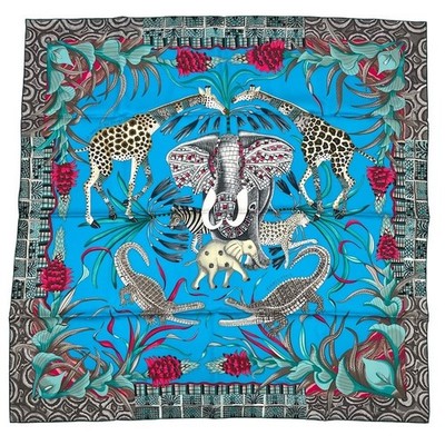 Hermes Scarf Stole La Marche du Zambeze Blue Ardmore Artists Silk