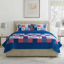 All American Quilted Blanket Red White Blue Bedspread Twin Queen King