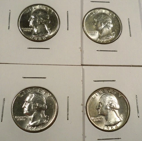 LOT OF 4 BU WASHINGTON QUARTERS 1960 1963 1963-D 1964-D 0.7233 oz SILVER 25c