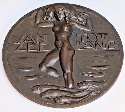ANTIQUE DUTCH BRONZE ART MEDAL VAN ZEE TOT LAND NETHERLANDS MEDALLION