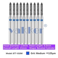 10/pk Dental FG High Speed Diamond Burs Beveled Cylinder 877-010M Medium Grit