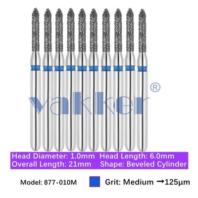 10/pk Dental FG High Speed Diamond Burs Beveled Cylinder 877-010M Medium Grit