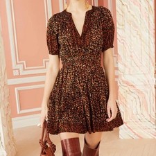 ULLA JOHNSON Mariana Fit & Flare Dress Leopard Animal Print Short Puff Sleeve 0