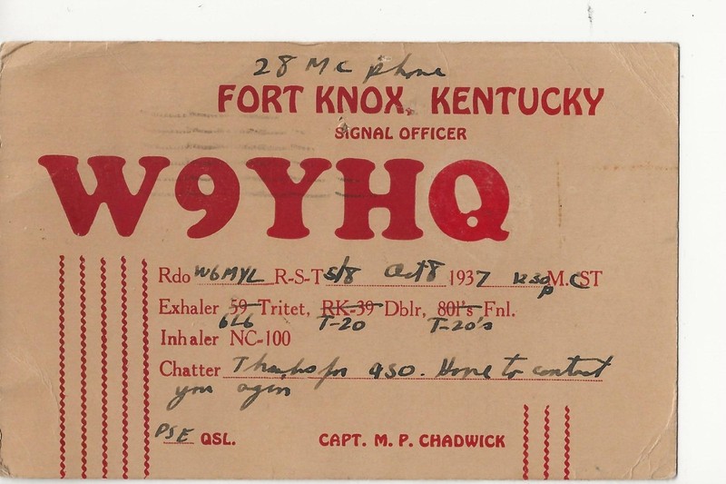 1937  W9YHQ  Signal Officer  Fort Knox, Kentucky   QSL radio postcard