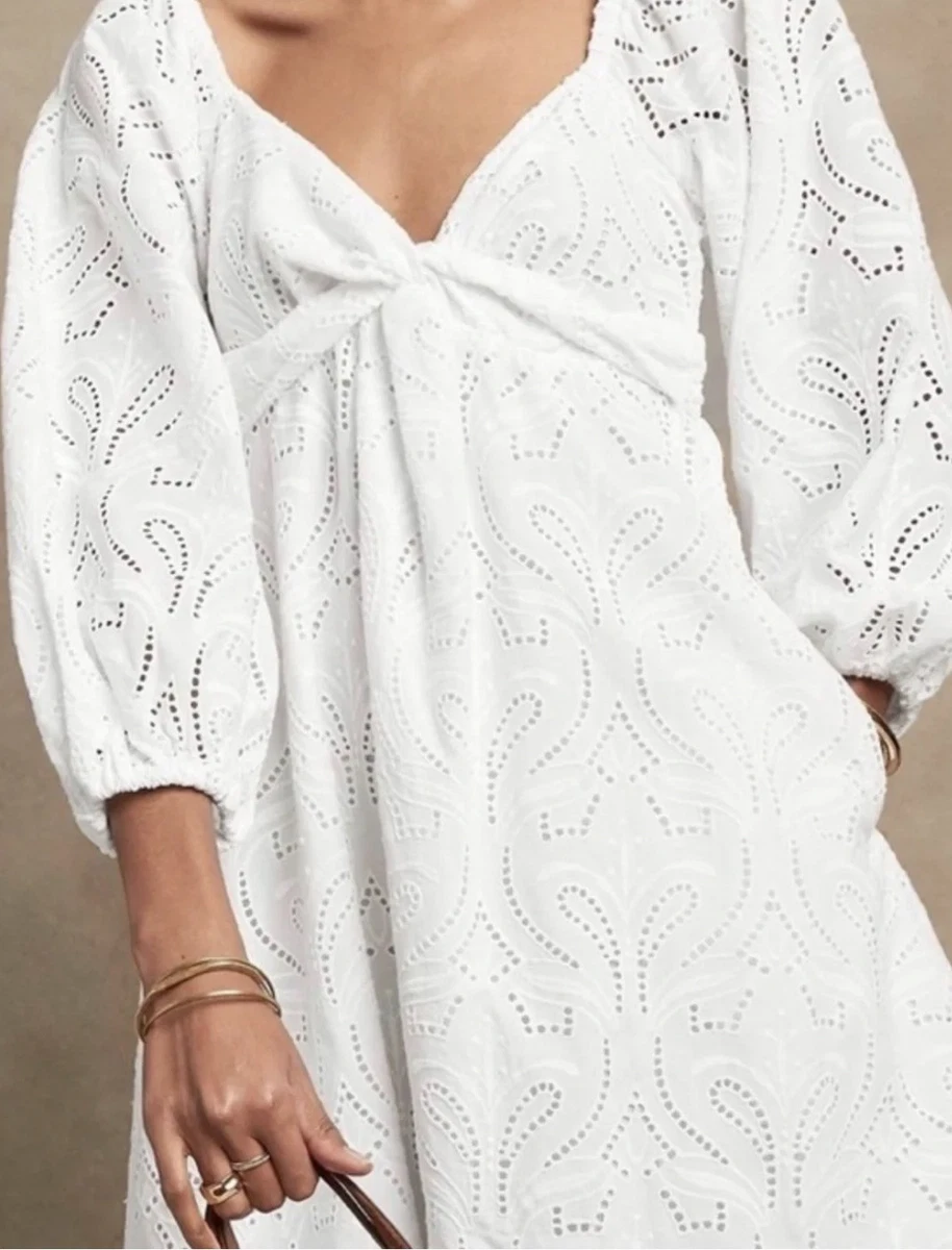 banana republic white dress long sleeve NWT Banana Republic White Eyelet Lace Cotton Belted Dress Size Medium Tall