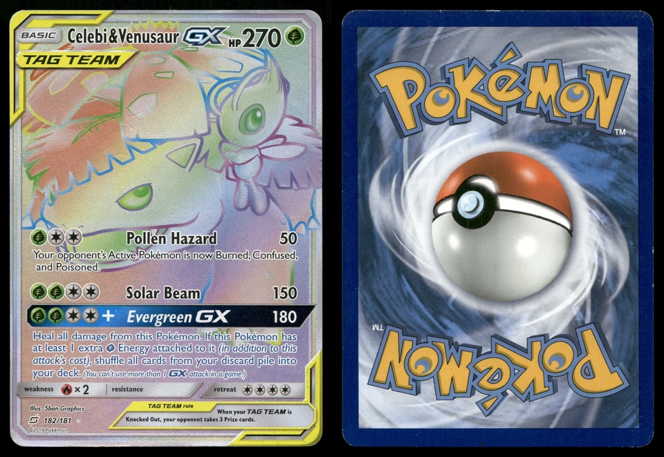 Celebi & Venusaur GX 182/181 Rare Rainbow Tag Team Up Pokemon MP - Image 3 of 3