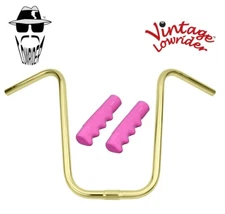 Vintage Lowrider 15" Gold U Handlebar 25.4mm W/120mm Pink Lowrider Grips.