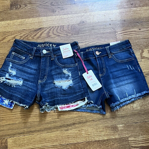 Justice Sparkle Destructed Soft Stretch Medium Wash Denim Shorts Size 14 NEW