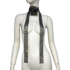 Metal Flower Rhinestone Neck Tie Scarf Neckerchief Long Shiny Glitter Party
