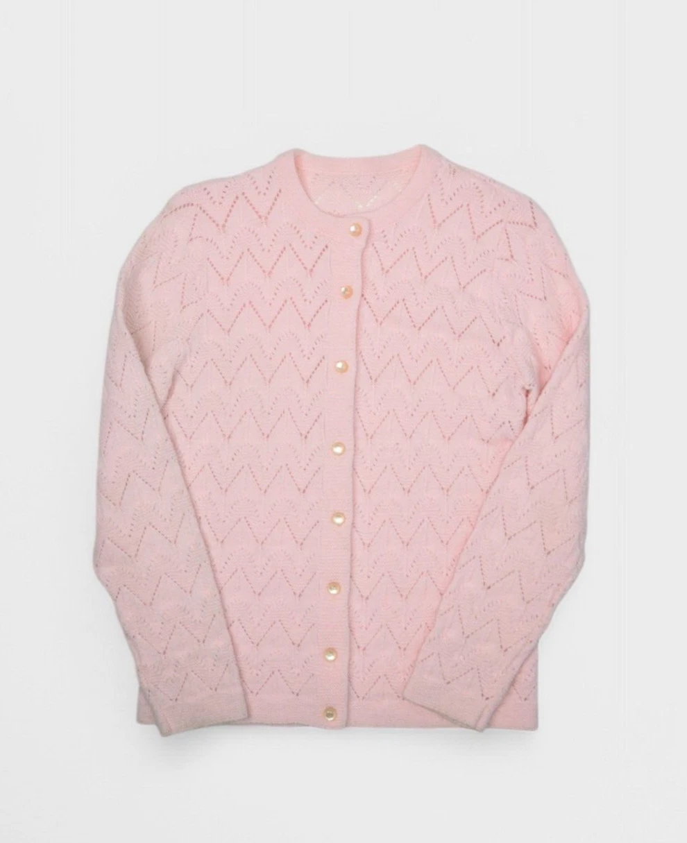 Vintage Cardigan Sweater Womens Small Pink Granny Zig Zag Pearl Buttons Crewneck