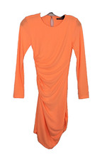 Zara Women’s Dress Neon Orange Body Con Long Sleeve Ruched Key Hole Sz XS Flaw