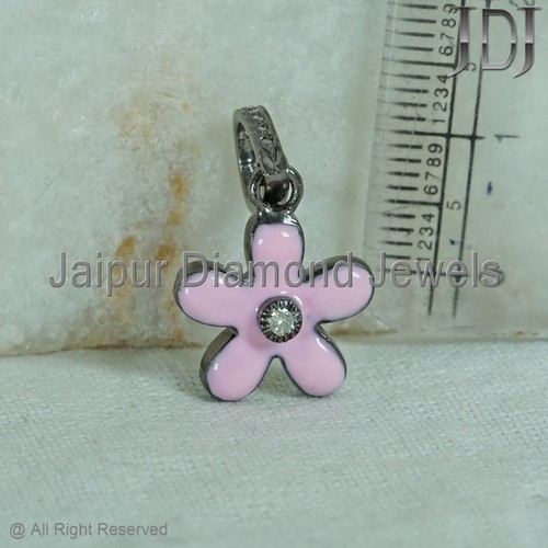 925 Sterling Silver Natural Pave Diamond Flower Shape Enamel Pendant Jewelry - Picture 6 of 10