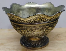 Silver Plated Bowl With Crown Rim & Repoussé Ornate Design Patina 5.5" diameter
