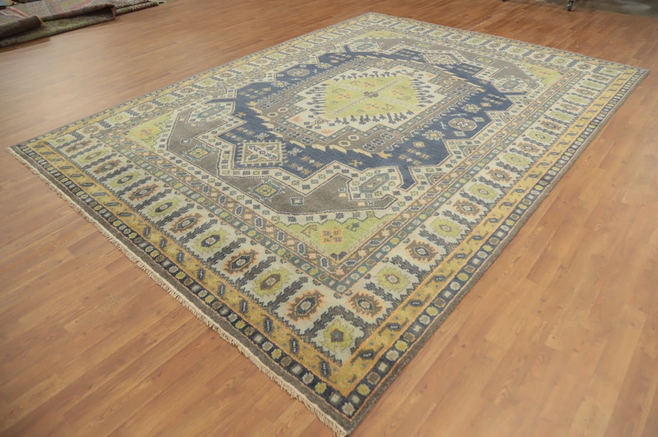 Alfombra geométrica estilo tribal kazajo anudada a mano para sala de estar 9x12 pies Foto 4 de 4