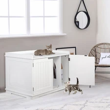 Cat Washroom Storage Bench Litter Box Cover with Sturdy Wooden Structure White
