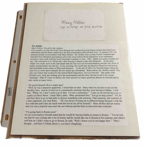 Mary Hollies Signed Inscribed 3x5 Card Autograph JFK Assassination Witness