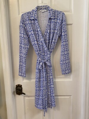 Pendleton Collared Wrap Dress Blue White Stretch Midi Petite Medium | eBay