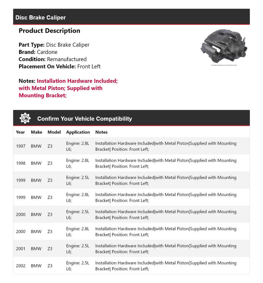 Штангенциркуль переднего левого дискового тормоза для 1997-2002 BMW Z3 1998 1999 2000 2001 - Изображение 2 из 4