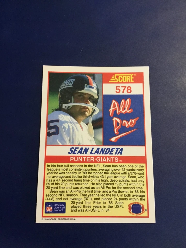 1990 Score # 578 SEAN LANDETA All Pro New York Giants Nice Card !  - Image 2 of 2