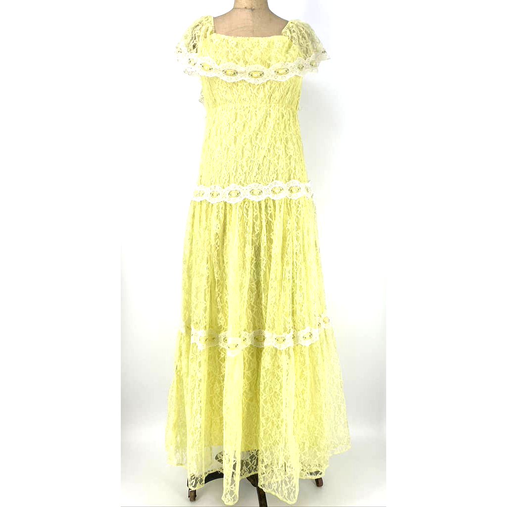 VTG 70s Pastel Yellow Lace Ruffle Floral Boho Prom Dress - Main Image