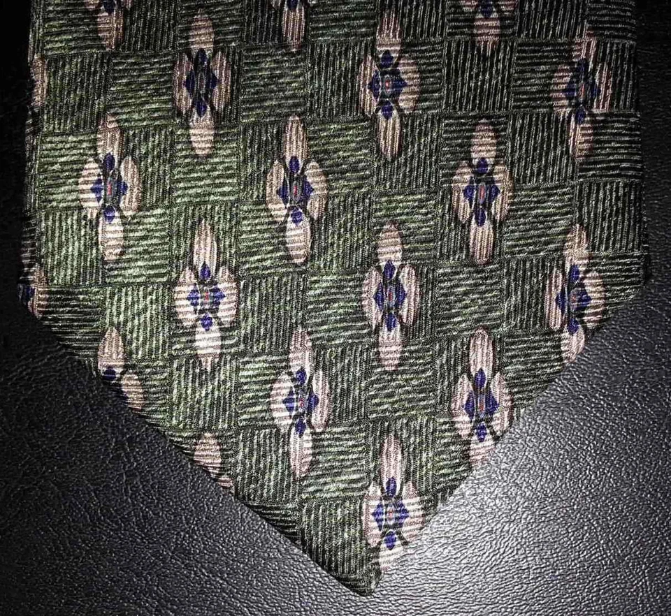 Corbata Strathmore Flor de Seda Diseño Geométrico Verde Tostado Azul Floral Nueva en Caja t4066 Foto 2 de 4