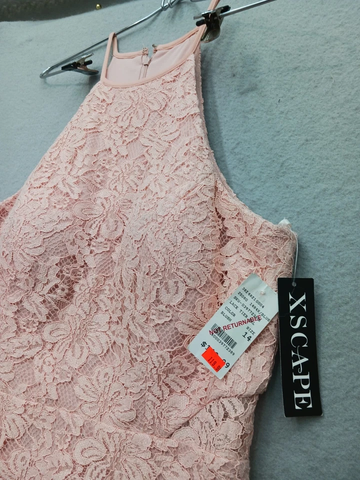 Vestido XSCAPE Fit & Flare 14 Rosa Encaje Sin Mangas Halter Cóctel Fiesta Foto 2 de 4