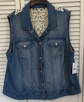 New Direction Women s 3X Jean Vest Lace Snap Closure 100% Cotton Cottagecore