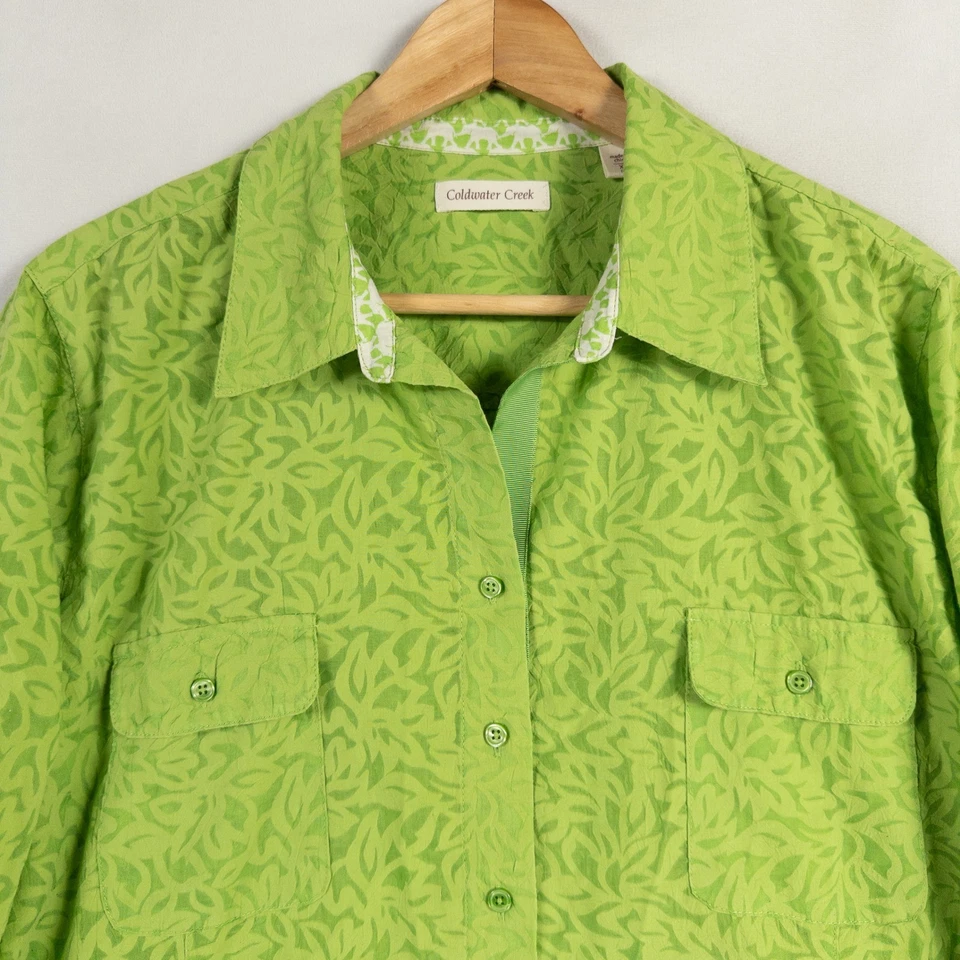 Camisa Blusa Coldwater Creek Mujer XL Verde Abotonada Burn Out Estampado Hoja Foto 2 de 4