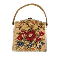 VTG 1950s Floral Needlepoint Tapestry Handbag Purse Ornate Gold Metallic Frame