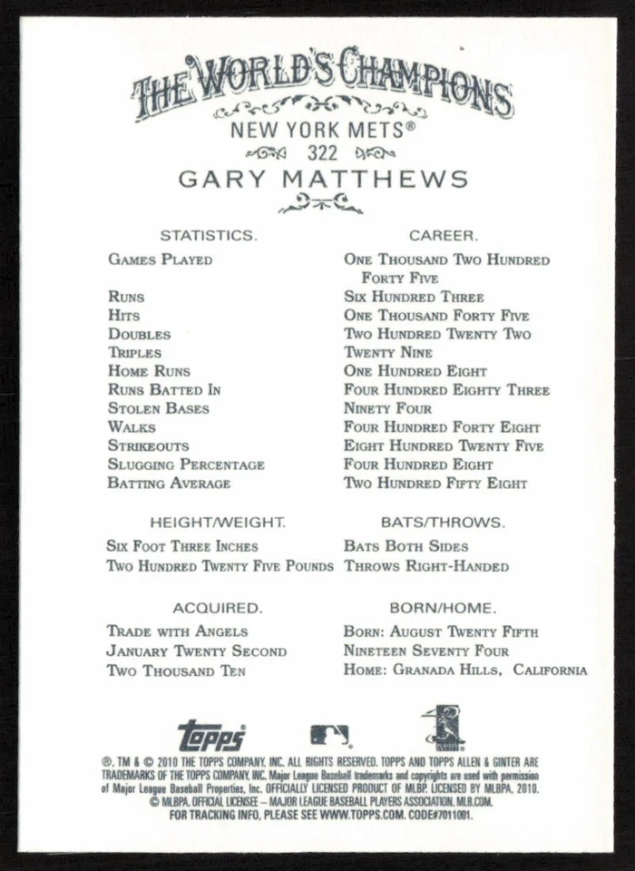 2010 Topps Allen & Ginter Gary Matthews #322 New York Mets - Image 2 of 2