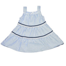 Crewcuts Dress Girls 3 Blue White Pinstripe Sleeveless Ruffle Trim Rickrack