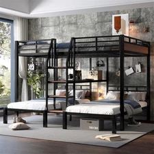 Metal Triple Bunk Beds Queen Over Twin &Twin Bunk Bed w/Storage Shelves & Stairs