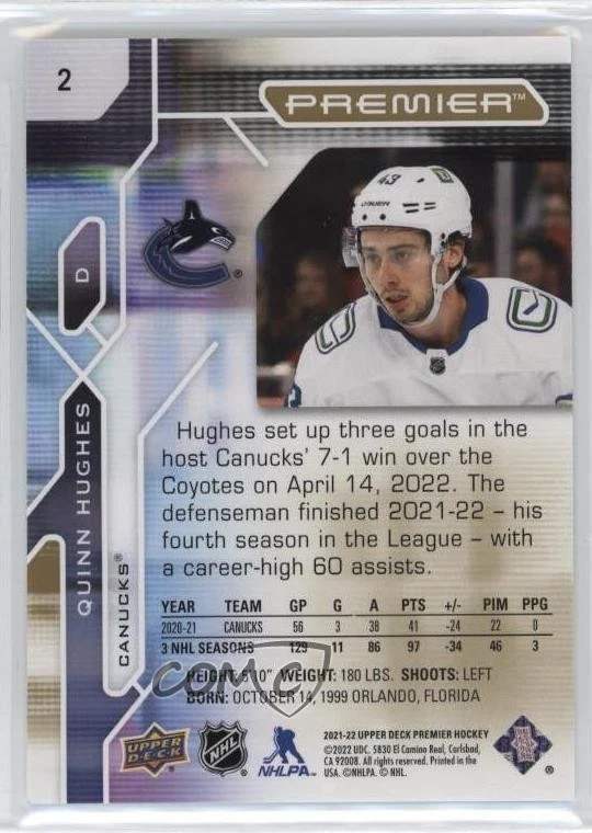 2021-22 Upper Deck Premier Gold /65 Quinn Hughes #2 - Image 2 of 2
