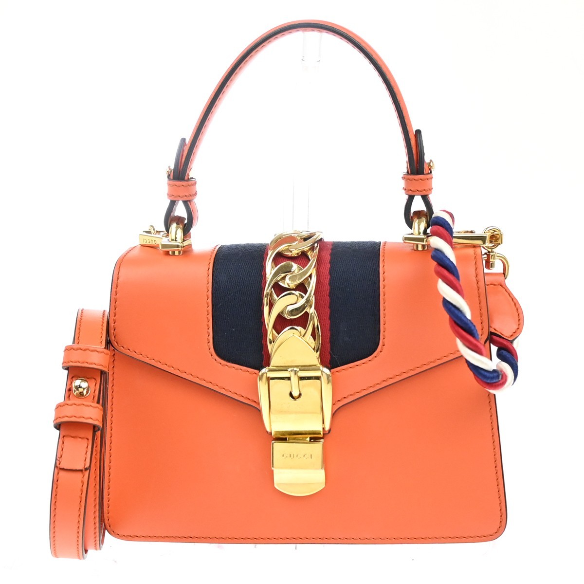 GUCCI Sylvie Web Line 2Way Shoulder Hand Bag Leather Orange GHW Italy 98KD844