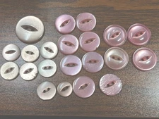 Buttons 21 Pink 2-hole cats eye round plastic flat 3/8 in - 3/4 in VTG